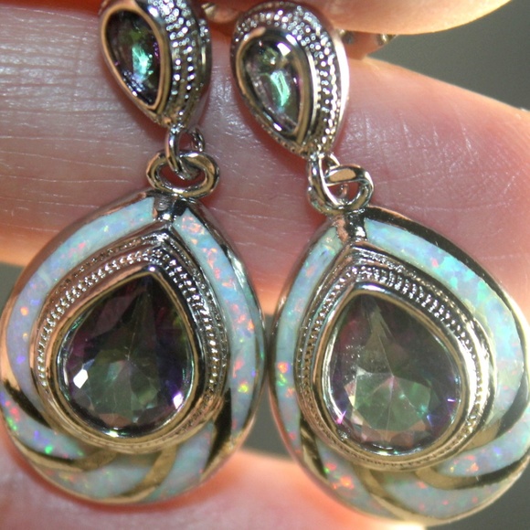 White Fire Opal Stud Earrings - Picture 2 of 2